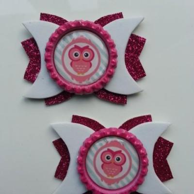 Lot de 2 barrettes crocodile noeuds  blanc et rose fuchsia hibou chouette  B072