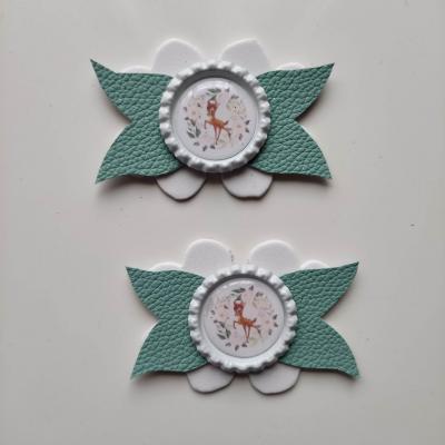 BAMB002 Lot de 2 barrettes crocodile noeuds vert et blanc faon bambi