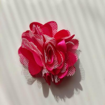 Rosette  fleur  satin et tulle  50mm rose fuchsia et blanc