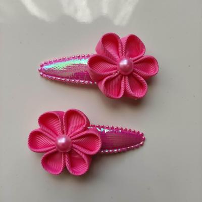 lot de 2 barrettes clic clac fleurs rose bonbon B115