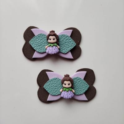 Lot de 2 barrettes crocodile noeuds marron, mauve et vert petite fille B090