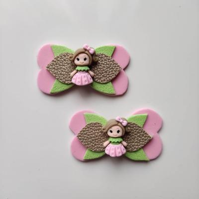 Lot de 2 barrettes crocodile noeuds rose, vert et beige petite fille B087