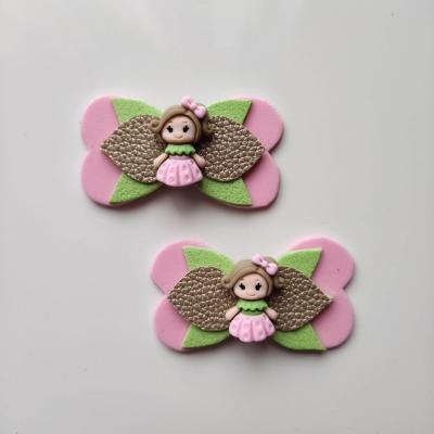 Lot de 2 barrettes crocodile noeuds rose, vert et beige petite fille B087