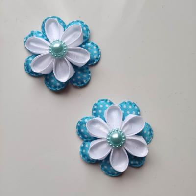 lot de 2 barrettes crocodile fleurs satin blanc et bleu turquoise   B111