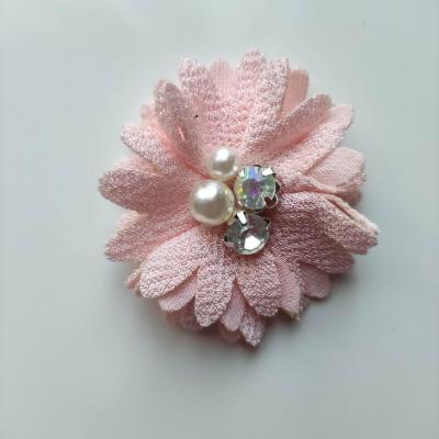 Fleur tissu crépé perle et strass 50mm peche