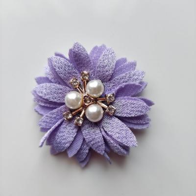 Fleur tissu trio de perle et strass 50mm mauve