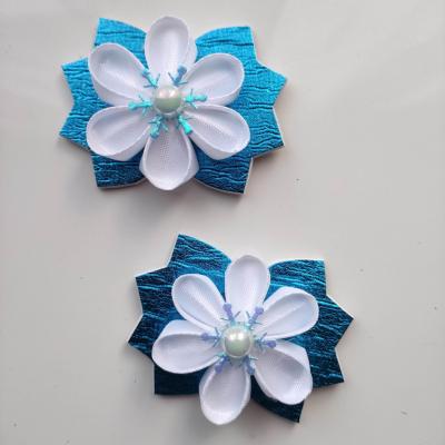 lot de 2 barrettes crocodile noeuds et fleur satin blanc et bleu turquoise   B110