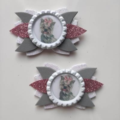 Lot de 2 barrettes crocodile noeuds  lanc , rose et gris chien B081