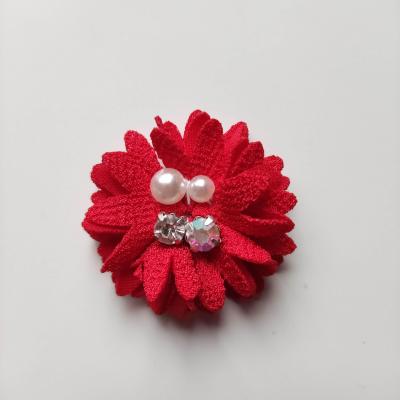 Fleur tissu crépé perle et strass 50mm rouge