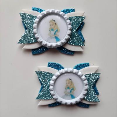 ALI002 Lot de 2 barrettes crocodile noeuds blanc et bleu turquoise alice au pays des merveilles