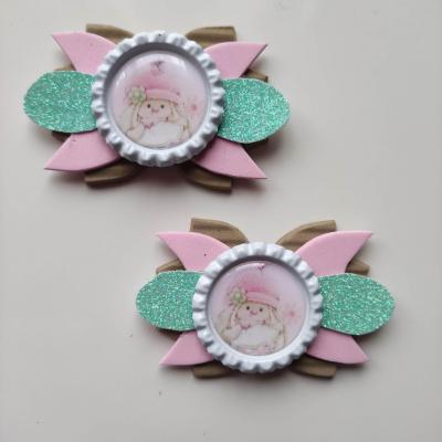 Lot de 2 barrettes crocodile noeuds beige, rose et vert ourson B097