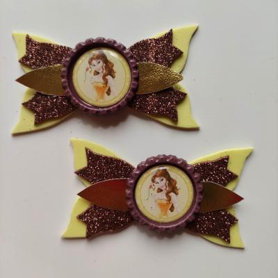 BELLE001 Lot de 2 barrettes crocodile noeuds  marron et jaune princesse belle et la bete