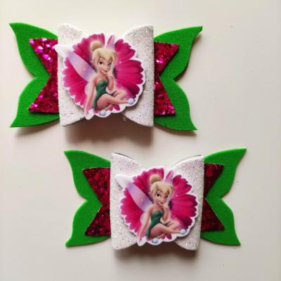 CLOC002 Lot de 2 barrettes crocodile noeuds rose fuschia , vert et blanc fée clochette