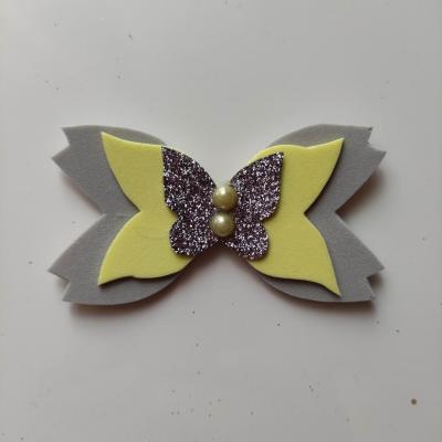 barrette crocodile  noeud gris et jaune papillon   B139