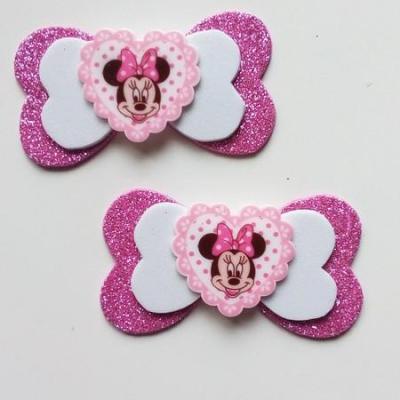 MINN008 lot de 2 barrettes crocodile  noeuds rose et blanc minnie