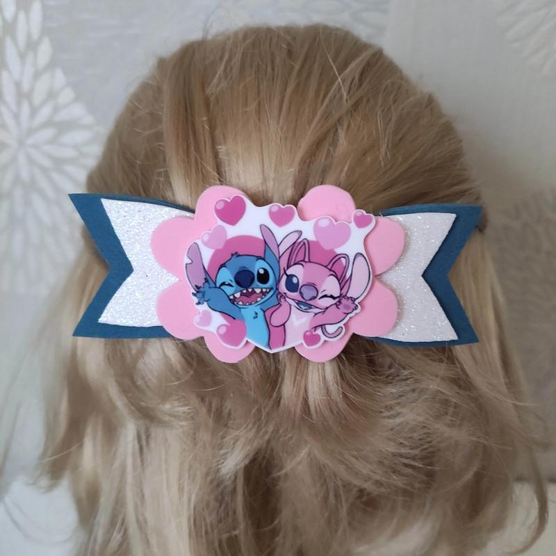 grosse barrette noeud bleu rose et blanc stitch