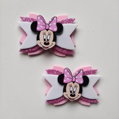 MINN009 lot de 2 barrettes crocodile  noeuds rose et blanc minnie