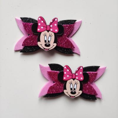 MINN005 Lot de 2 barrettes crocodile noeuds noir et rose fuchsia   minnie