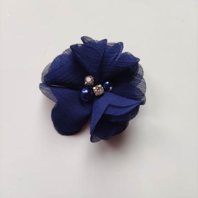 fleur perle et strass mousseline  55mm bleu marine