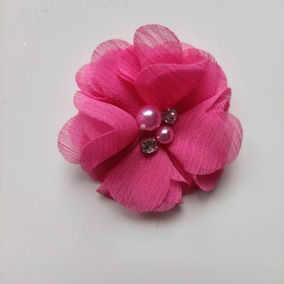 fleur perle et strass mousseline  55mm rose fuchsia