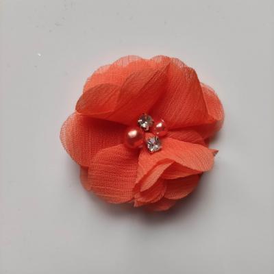 fleur perle et strass mousseline  55mm orange