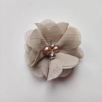 fleur perle et strass mousseline  55mm beige