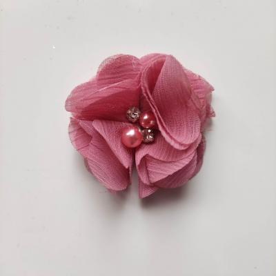 fleur perle et strass mousseline  55mm vieux rose