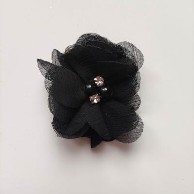 fleur perle et strass mousseline  55mm noir