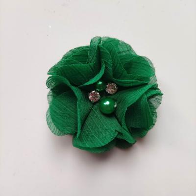 fleur perle et strass mousseline  55mm vert foncé