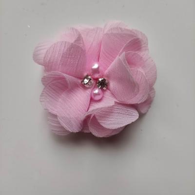 fleur perle et strass mousseline  55mm rose clair