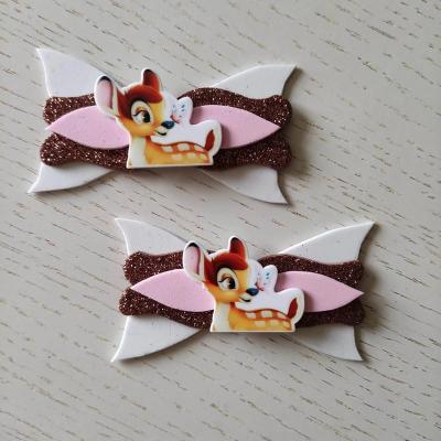 BAMB002 Lot de 2 barrettes crocodile noeuds blanc , marron et rose faon bambi