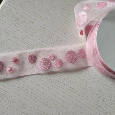 1 mètre de ruban organza à motifs ronds pailletés rose 40mm