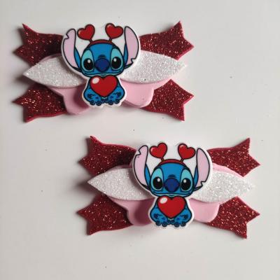 STIT008 Lot de 2 barrettes crocodile noeuds rouge, rose et blanc  stitch