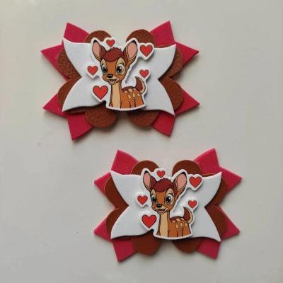 BAMB005 Lot de 2 barrettes crocodile noeuds rouge, marron et blanc   faon bambi