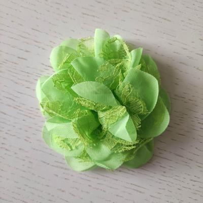Grande fleur en mousseline  et dentelle 11cm verte