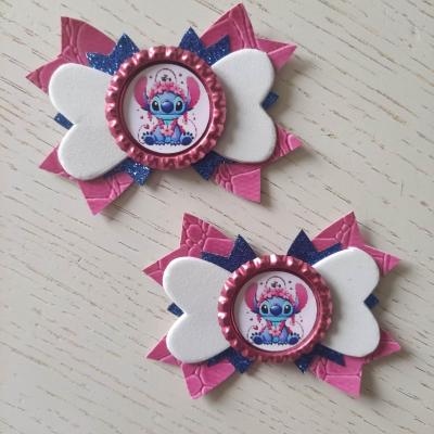 Lot de 2 barrettes crocodile noeuds rose, bleu et blanc stitch STIT03