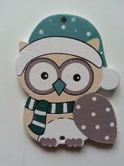 Chouette hibou noel en bois dans les tons vert /beige 60*75mm