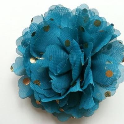 fleur en mousseline à pois doré bleu vert  10cm