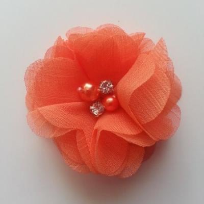 fleur perle et strass mousseline  55mm orange