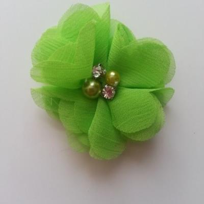 fleur perle et strass mousseline  55mm vert