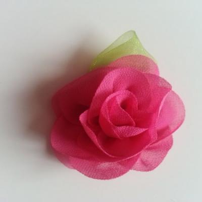 Fleur en mousseline avec feuille  50mm rose fuchsia