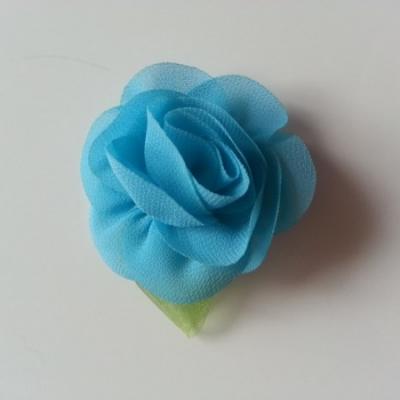 Fleur en mousseline avec feuille  50mm bleu