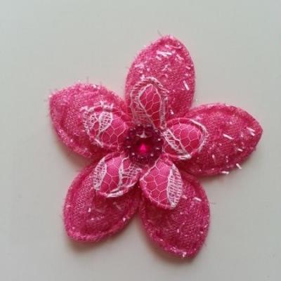 Applique fleur  pailletée  60mm rose fuchsia