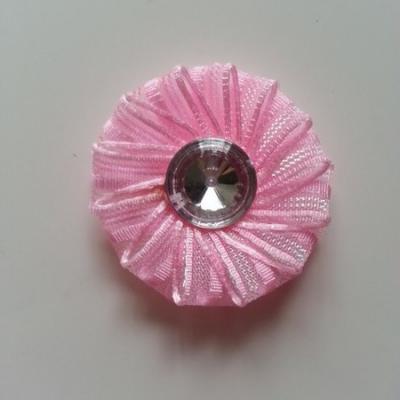 Applique fleur ruban avec strass   50mm rose