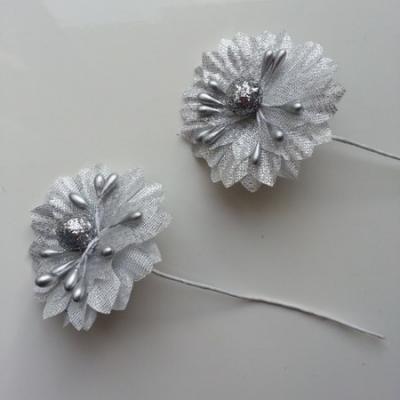 lot de 2 fleurs artificielles sur tige argent 45mm