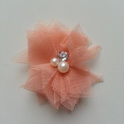 Applique tulle perle et strass 55mm  pêche