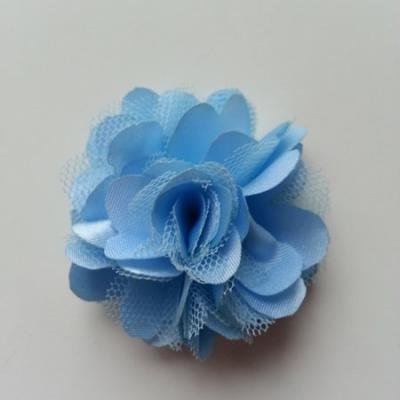 Rosette  fleur  satin et tulle  50mm bleu ciel