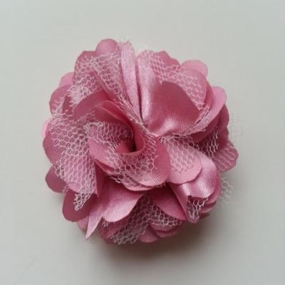 Rosette  fleur  satin et tulle  50mm vieux rose