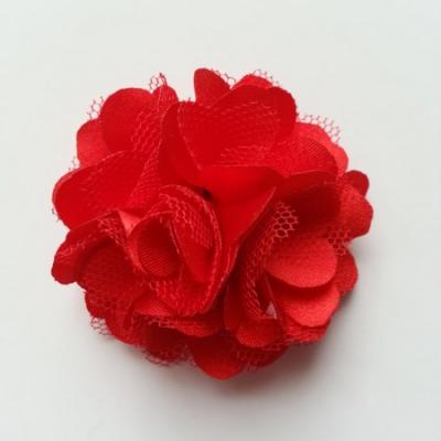 Rosette  fleur  satin et tulle  50mm rouge