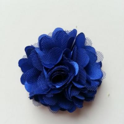 Rosette  fleur  satin et tulle  50mm bleu foncé